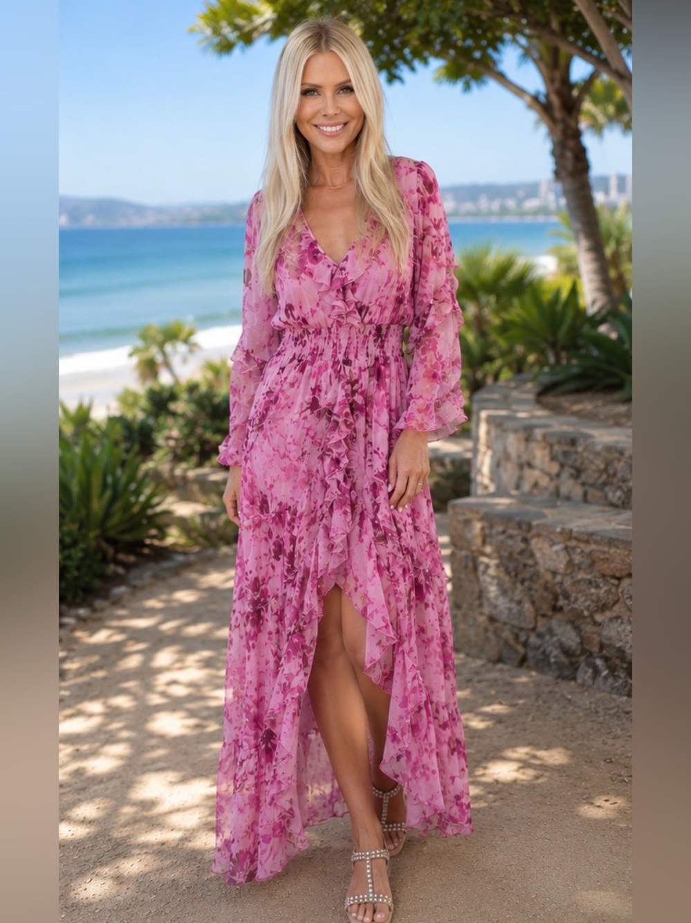 Misa Los Angeles Pink Floral Ruffle V-Neck Maxi Dress
